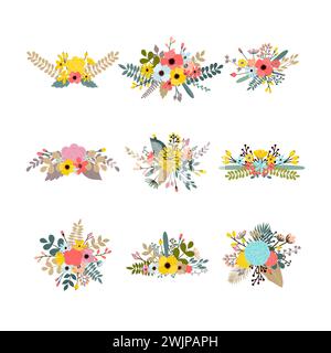 Collection avec feuilles et fleurs. Ensemble de bouquets floraux pour la décoration. Motifs floraux. Bouquets élégants pour carte de voeux, mariage, invita Illustration de Vecteur