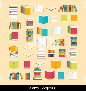 Icônes de livre définies dans un style plat pour votre conception. Livres scolaires de fond. Bibliothèque, librairie. Concept d'éducation. Illustration vectorielle Illustration de Vecteur
