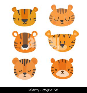 Ensemble de tigres mignons. Drôles d'animaux gribouillés. Petit tigre dans le style de dessin animé. Illustration vectorielle Illustration de Vecteur