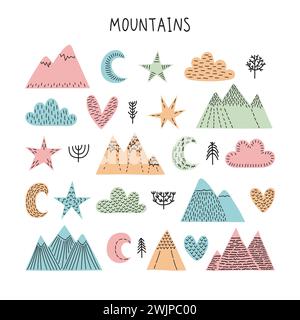 Ensemble d'objets forestiers dessinés à la main. Fond de forêt scandinave créatif avec des arbres, des étoiles, des nuages et des montagnes. Illustration vectorielle Illustration de Vecteur