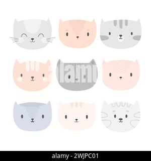 Ensemble de chats de dessin animé mignons. Drôles d'animaux gribouillés. Différents chatons dans un style plat. Illustration vectorielle Illustration de Vecteur