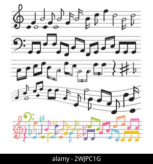 Ensemble de notes de musique dessinées à la main. Éléments de conception musicale. Collection d'enseignes-clés. Symboles de mélodie. Illustration vectorielle Illustration de Vecteur