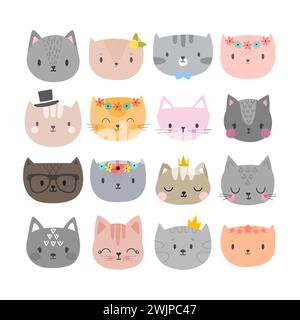 Ensemble de chats de mode mignons. Drôles d'animaux gribouillés. Chatons dans le style de dessin animé. Illustration vectorielle Illustration de Vecteur