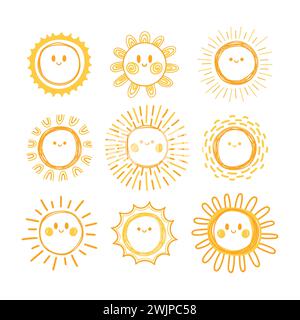 Ensemble de symboles soleil dessinés à la main. Collection de personnages de soleil souriants. Doodle. Illustration vectorielle Illustration de Vecteur