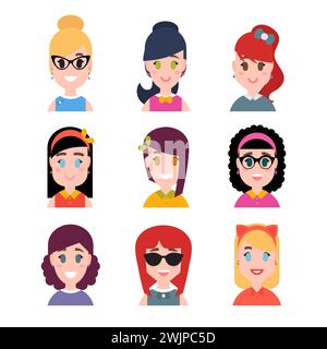 Stylisé de belles jeunes filles et femmes. Avatars dans le style plat de dessin animé. Personnages féminins. Illustration vectorielle Illustration de Vecteur