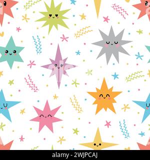 Doux motif sans couture avec des étoiles kawaii colorées. Imprimé romantique. Joli fond dessiné à la main. Illustration vectorielle Illustration de Vecteur