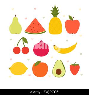 Mignon dessin animé kawaii fruits. Collection Healthy style. Style plat. Nourriture végétarienne. Illustration vectorielle Illustration de Vecteur