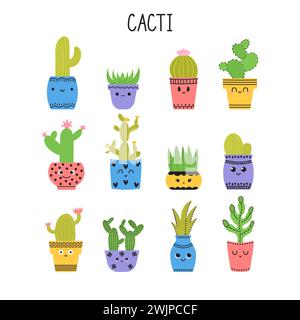 Ensemble de cactus et de succulentes. Cactus dans des pots de fleurs. Icônes de dessin animé. Collection de plantes exotiques. Illustration vectorielle Illustration de Vecteur