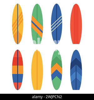 Ensemble de différentes planches de surf colorées. Surf d'été. Illustration vectorielle Illustration de Vecteur