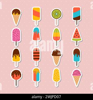 Collection de savoureux autocollants de crème glacée. Ensemble de cônes de crème glacée et popsicle avec garniture différente. Illustration vectorielle Illustration de Vecteur