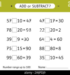 Ajouter ou soustraire. Plage de numéros jusqu'à 100. Addition et soustraction. Exercices mathématiques. Feuilles de travail pour enfants. Illustration vectorielle Illustration de Vecteur
