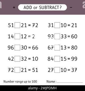 Ajouter ou soustraire. Plage de numéros jusqu'à 100. Exercices mathématiques. Feuilles de travail pour enfants. Addition et soustraction. Illustration vectorielle Illustration de Vecteur