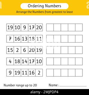 Feuille de calcul des numéros de commande. Organisez les nombres du plus grand au plus petit. Maths. Plage de numéros jusqu'à 20. Illustration vectorielle Illustration de Vecteur