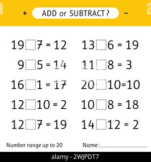 Ajouter ou soustraire. Plage de numéros jusqu'à 20. Exercices mathématiques. Addition et soustraction. Feuille de travail pour enfants. Illustration vectorielle Illustration de Vecteur