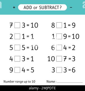 Ajouter ou soustraire. Plage de numéros jusqu'à 10. Feuille de travail pour enfants. Addition et soustraction. Exercices mathématiques. Illustration vectorielle Illustration de Vecteur