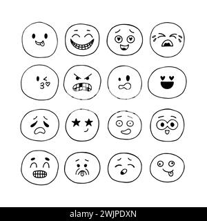 Visages smiley drôles dessinés à la main. Ensemble d'expressions faciales esquissées. Collection de personnages émotionnels de dessin animé. Style Kawaii. Icônes emoji. Illustration vectorielle Illustration de Vecteur