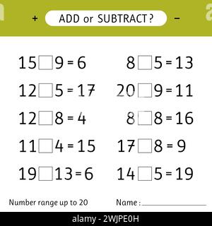 Ajouter ou soustraire. Plage de numéros jusqu'à 20. Exercices mathématiques. Addition et soustraction. Feuilles de travail pour enfants. Illustration vectorielle Illustration de Vecteur