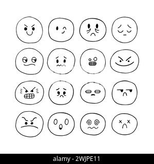 Visages smiley drôles dessinés à la main. Ensemble d'expressions faciales esquissées. Icônes emoji. Collection de personnages émotionnels de dessin animé. Style Kawaii. Illustration vectorielle Illustration de Vecteur