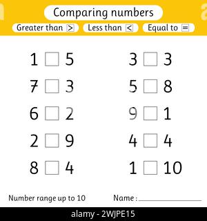 Comparaison des chiffres. Inférieur à, supérieur à, égal à. Plage de numéros jusqu'à 10. Préscolaire, école primaire. Feuille de travail pour enfants Illustration de Vecteur