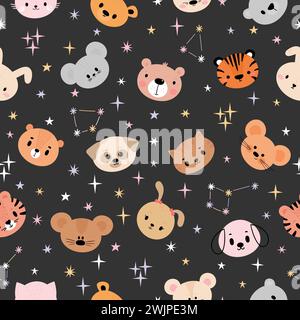 Motif sans couture enfantin avec de mignons visages d'animaux smiley. Texture de bébé créative pour tissu, pépinière, textile, vêtements. Espace arrière-plan. Vecteur illustr Illustration de Vecteur