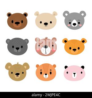 Ours adorables. Ensemble de portraits d'animaux de dessin animé mignons. Convient pour la conception de vêtements de bébé. Personnages souriants dessinés à la main. Animal heureux. Illustration vectorielle Illustration de Vecteur