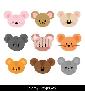 Des souris adorables. Ensemble de portraits d'animaux de dessin animé mignons. Convient pour la conception de vêtements de bébé. Personnages souriants dessinés à la main. Animal heureux. Illustration vectorielle Illustration de Vecteur