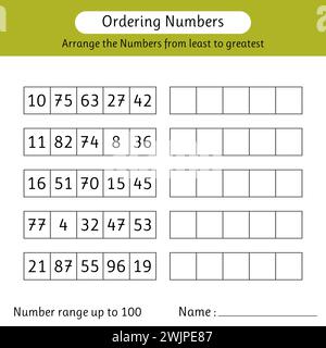 Feuille de calcul des numéros de commande. Organisez les nombres du plus petit au plus grand. Plage de numéros jusqu'à 100. Mathématiques. Illustration vectorielle Illustration de Vecteur