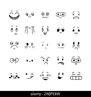 Visages smiley drôles dessinés à la main. Ensemble d'expressions faciales esquissées. Icônes emoji. Collection de personnages émotionnels de dessin animé. Joyeux style kawaii. Vecteur il Illustration de Vecteur