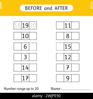 Remplissez les numéros manquants. Avant et après. Plage de numéros jusqu'à 20. Feuilles de travail pour enfants. Mathématiques. Illustration vectorielle Illustration de Vecteur