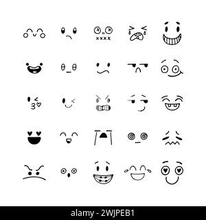 Visages smiley drôles dessinés à la main. Style Kawaii. Ensemble d'expressions faciales esquissées. Icônes emoji. Collection de personnages émotionnels de dessin animé. Illustration vectorielle Illustration de Vecteur