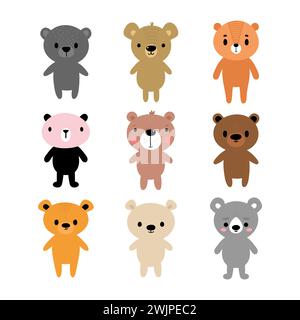 Ours adorables. Ensemble d'animaux de dessin animé mignons. Convient pour la conception de vêtements de bébé. Personnages souriants dessinés à la main. Animal heureux. Illustration vectorielle Illustration de Vecteur