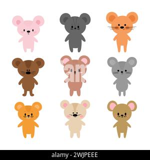 Des souris adorables. Ensemble d'animaux de dessin animé mignons. Convient pour la conception de vêtements de bébé. Personnages souriants dessinés à la main. Animal heureux. Illustration vectorielle Illustration de Vecteur