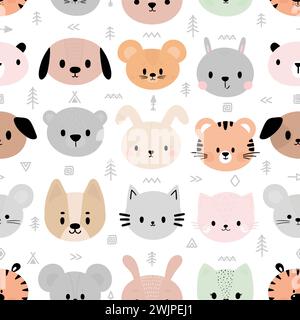 Motif tribal sans couture avec de mignons visages d'animaux smiley. Fond créatif pour tissu, pépinière, textile, vêtements. Style scandinave. Illustration vectorielle Illustration de Vecteur