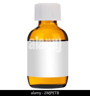 Bouteille de médecine en verre ambré avec bouchon blanc Banque D'Images