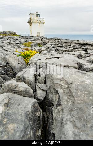 Black Head Lighthouse, situé dans le paysage rocheux rugueux de Burren, au milieu d'un paysage bizarre de montagnes calcaires escarpées et de côtes rocheuses, cou Banque D'Images