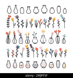 Ensemble de vases dessinés à la main, bouquets floraux avec pots et fleurs. Design intérieur. Botanique Eléments floraux décoratifs. Illustration vectorielle Illustration de Vecteur