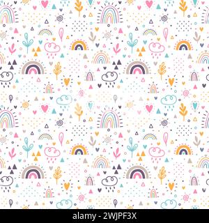 Motif sans couture dessiné à la main. Fond enfantin avec des arcs-en-ciel. Conception de chambre d'enfant pour les enfants. Texture tendance pour tissu, textile, tissu, papier d'emballage. VE Illustration de Vecteur