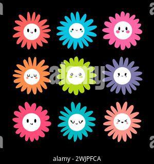 Emoji camomille. Fleurs de Marguerite. Kawaii ensemble de personnages mignons. Collection d'émotions. Illustration vectorielle Illustration de Vecteur