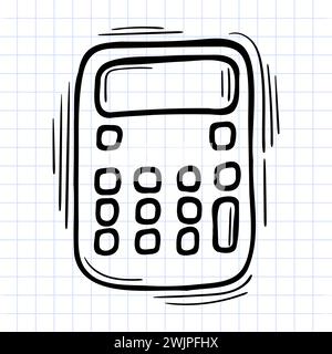 Icône de calculatrice dessinée à la main sur fond damier. Fournitures de bureau doodle. Illustration vectorielle Illustration de Vecteur