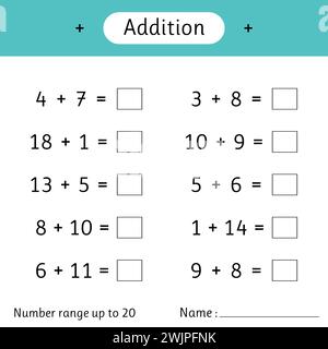 Ajout. Plage de numéros jusqu'à 20. Feuille de calcul mathématique pour les enfants. Résolvez des exemples et écrivez. Développer les compétences en numératie. Mathématiques. Illustration vectorielle Illustration de Vecteur