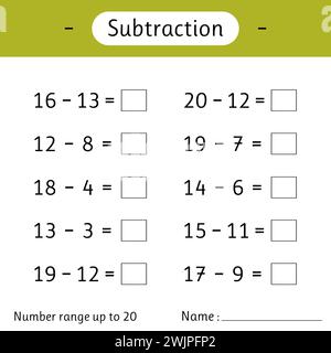 Soustraction. Plage de numéros jusqu'à 20. Feuille de calcul mathématique pour les enfants. Résolvez des exemples et écrivez. Développer les compétences en numératie. Mathématiques. Illustration vectorielle Illustration de Vecteur