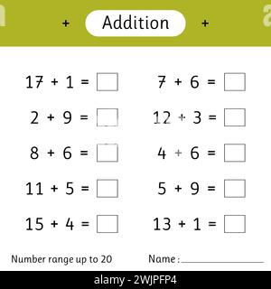 Ajout. Plage de numéros jusqu'à 20. Feuille de calcul mathématique pour les enfants. Résolvez des exemples et écrivez. Mathématiques. Développer les compétences en numératie. Illustration vectorielle Illustration de Vecteur