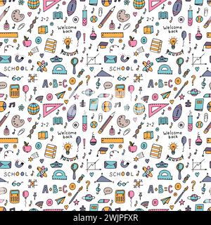 Motif sans couture avec éléments de doodle d'école dessinés à la main. Retour à l'école. Bienvenue à nouveau. Illustration vectorielle Illustration de Vecteur