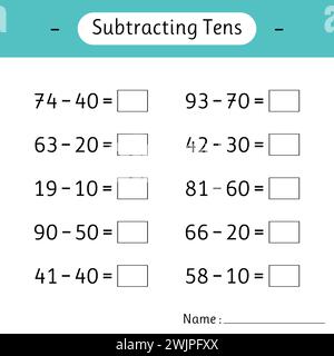Soustraction de dizaines. Feuilles de calcul mathématique pour les enfants. Mathématiques. Développement de la pensée logique. Enseignement scolaire. Illustration vectorielle Illustration de Vecteur