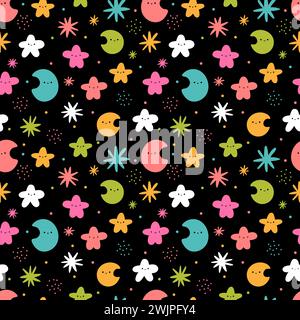 Joli motif sans couture avec des éléments dessinés à la main. Kawaii. Style scandinave. Lune, étoiles. Illustration vectorielle Illustration de Vecteur