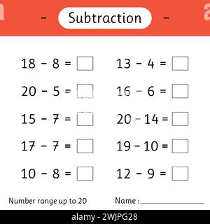 Soustraction. Plage de numéros jusqu'à 20. Feuille de calcul mathématique pour les enfants. Développer les compétences en numératie. Résolvez des exemples et écrivez. Mathématiques. Illustration vectorielle Illustration de Vecteur