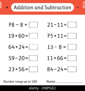 Addition et soustraction. Plage de numéros jusqu'à 100. Mathématiques. Feuille de calcul mathématique pour les enfants. Résoudre des exemples. Développer les compétences en numératie. Illustration vectorielle Illustration de Vecteur