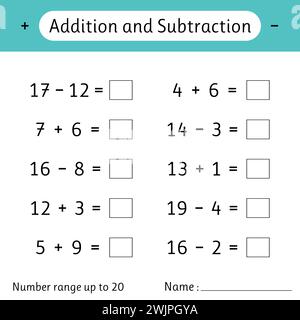 Addition et soustraction. Plage de numéros jusqu'à 20. Feuille de calcul mathématique pour les enfants. Résolvez des exemples et écrivez. Mathématiques. Développer les compétences en numératie. Vecteur il Illustration de Vecteur