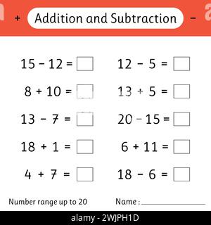 Addition et soustraction. Plage de numéros jusqu'à 20. Feuille de calcul mathématique pour les enfants. Résolvez des exemples et écrivez. Compétences en numératie. Mathématiques. Illustration vectorielle Illustration de Vecteur