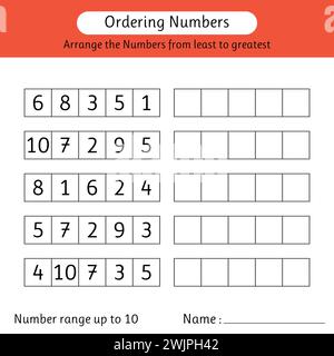 Feuille de calcul des numéros de commande. Organisez les nombres du plus petit au plus grand. Plage de numéros jusqu'à 10. Maths. Illustration vectorielle Illustration de Vecteur